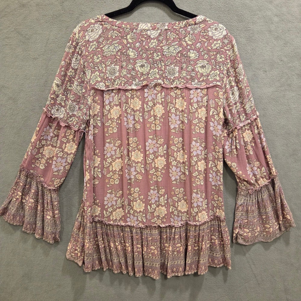 American Eagle Floral Blouse Women's Medium Boho Lace Up Tiered Bell Sleeve - Picture 6 of 15
